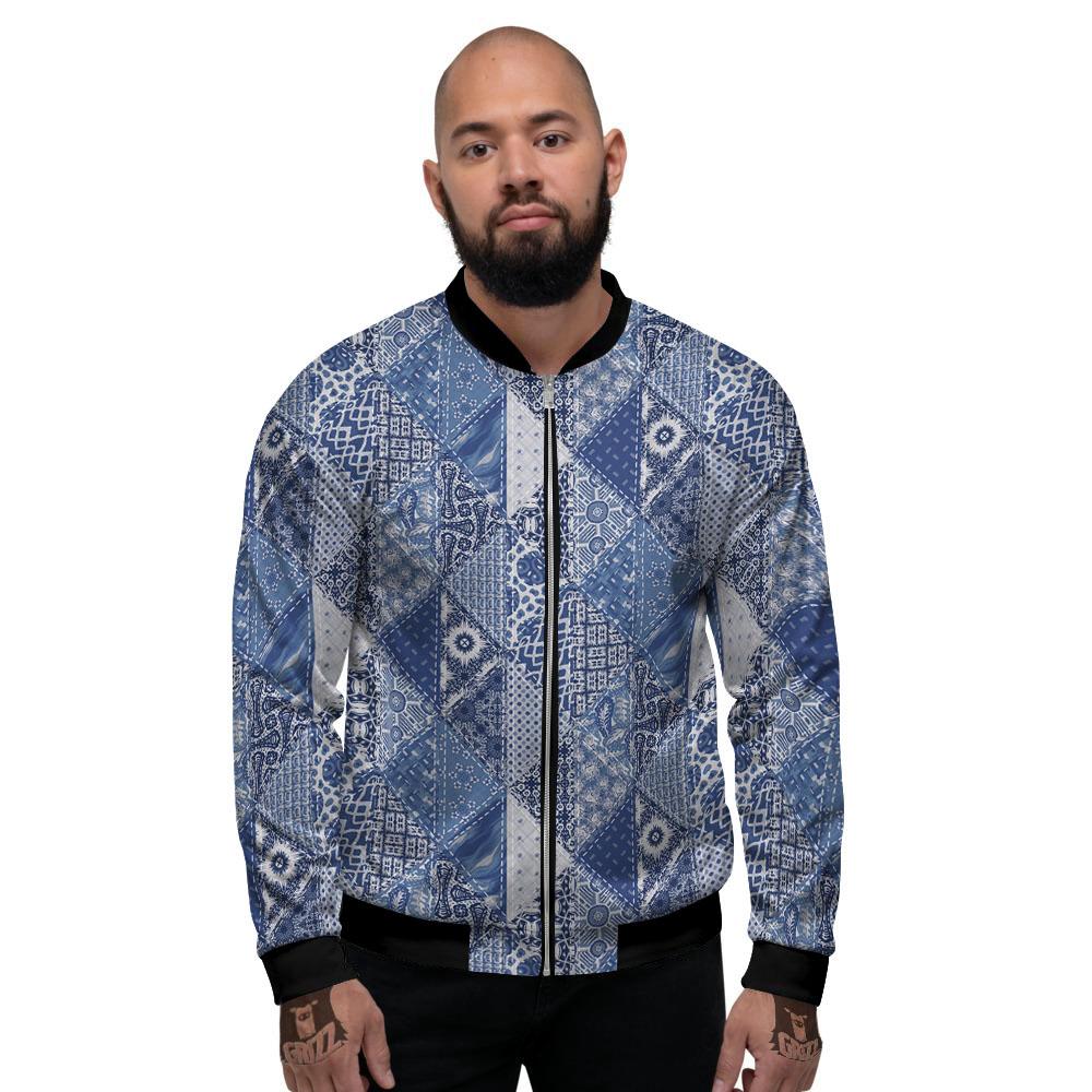 Denim Jeans Patchwork Print Pattern Men's Bomber Jacket-grizzshop