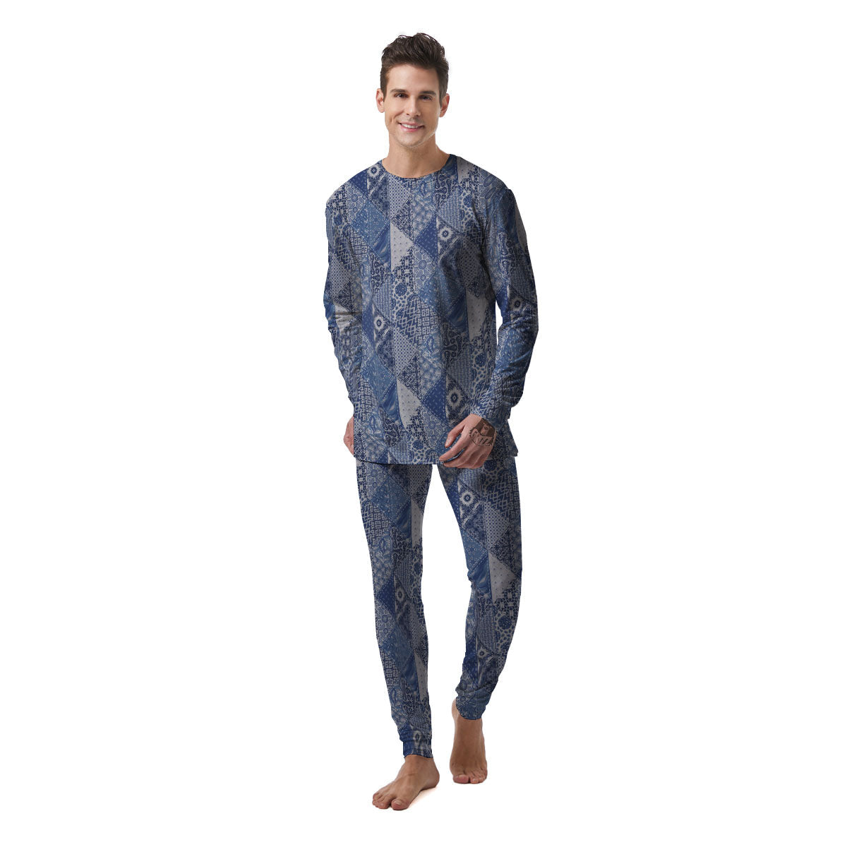 Denim Jeans Patchwork Print Pattern Men's Pajamas-grizzshop