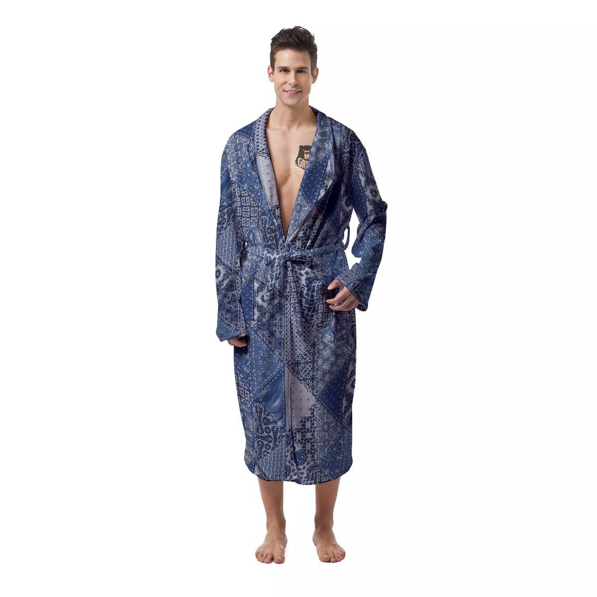 Denim Jeans Patchwork Print Pattern Men's Robe-grizzshop