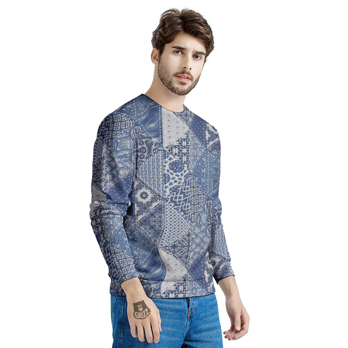 Denim Jeans Patchwork Print Pattern Men's Sweatshirt-grizzshop