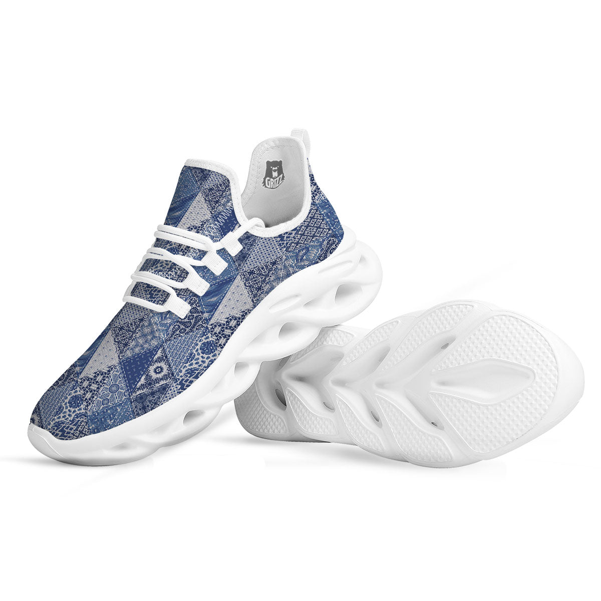 Denim Jeans Patchwork Print Pattern White Running Shoes-grizzshop