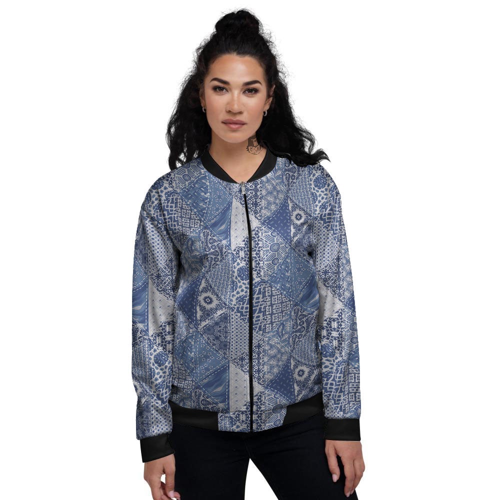 Denim Jeans Patchwork Print Pattern Women's Bomber Jacket-grizzshop