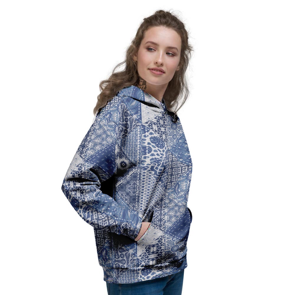 Denim Jeans Patchwork Print Pattern Women's Hoodie-grizzshop