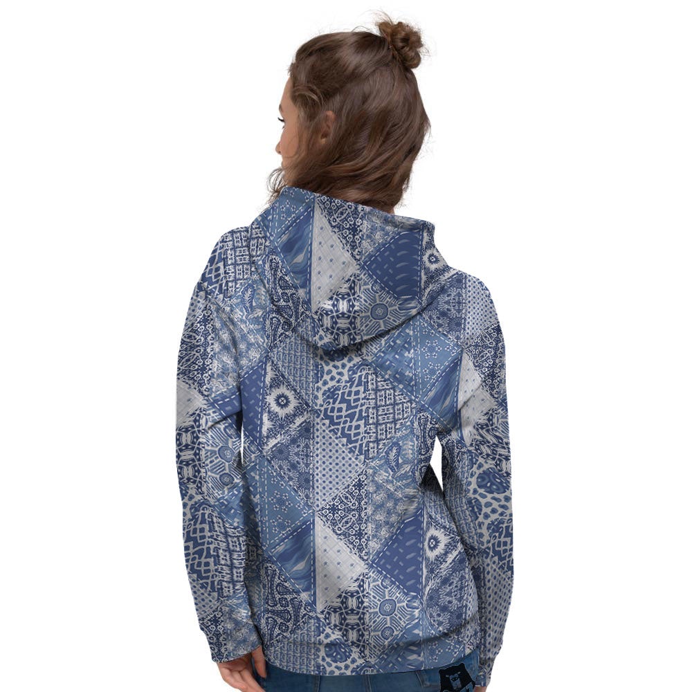 Denim Jeans Patchwork Print Pattern Women's Hoodie-grizzshop