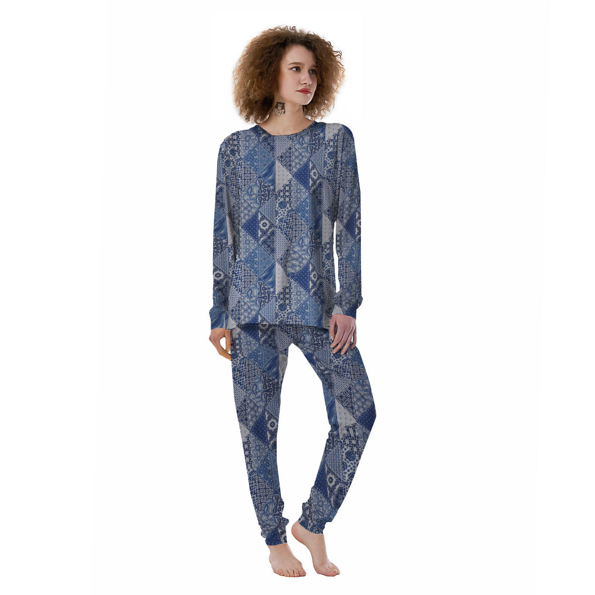 Denim Jeans Patchwork Print Pattern Women's Pajamas-grizzshop