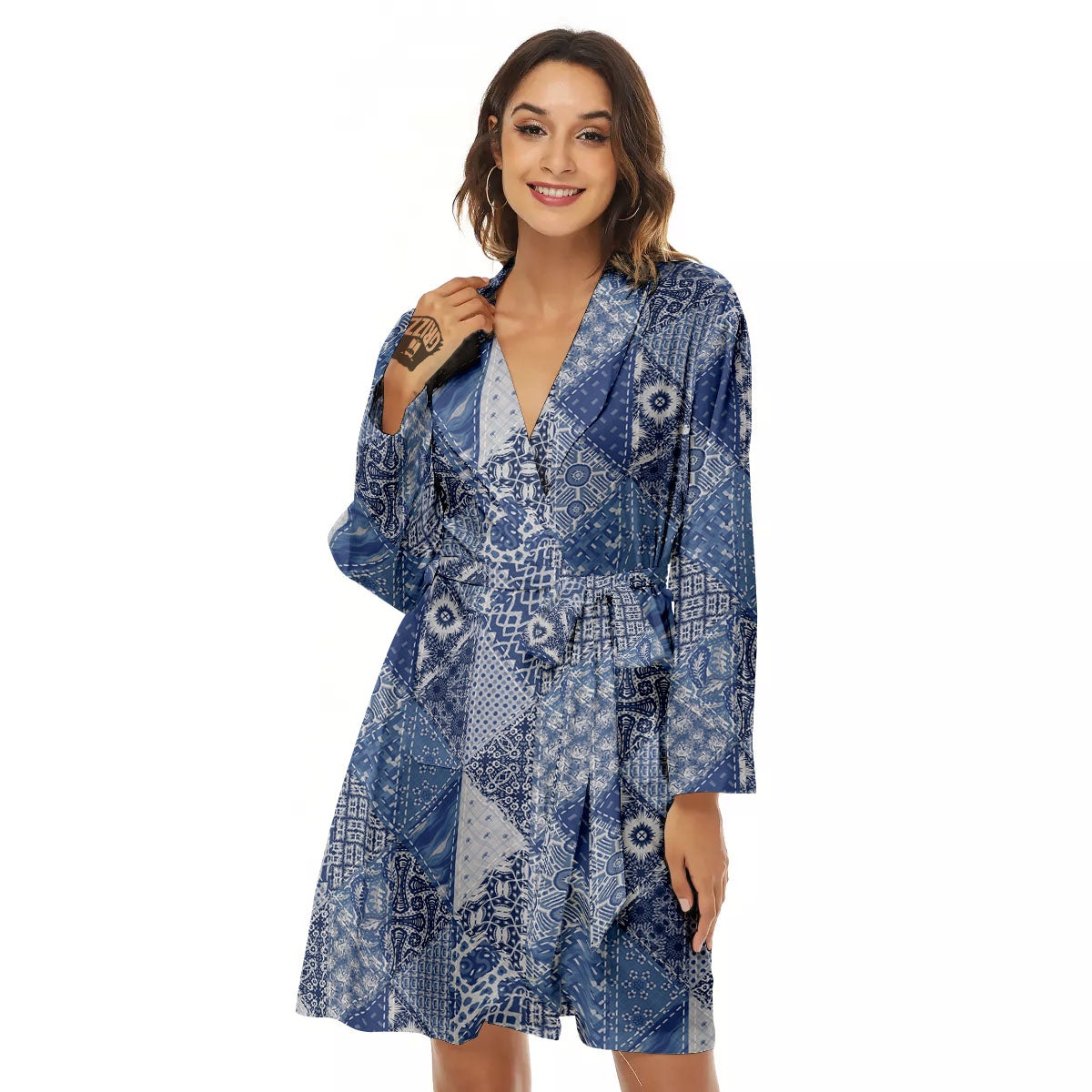 Denim Jeans Patchwork Print Pattern Women's Robe-grizzshop
