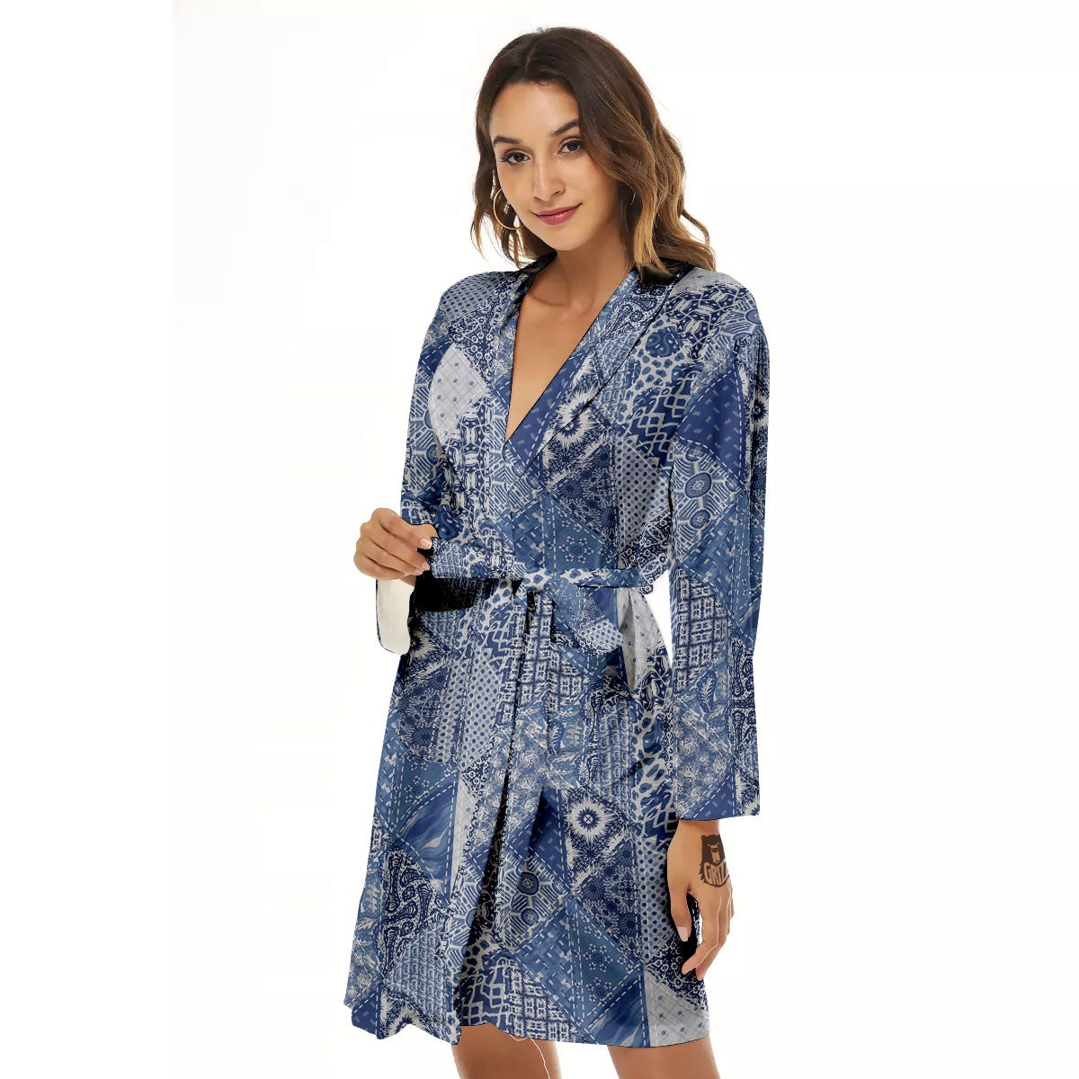Denim Jeans Patchwork Print Pattern Women's Robe-grizzshop