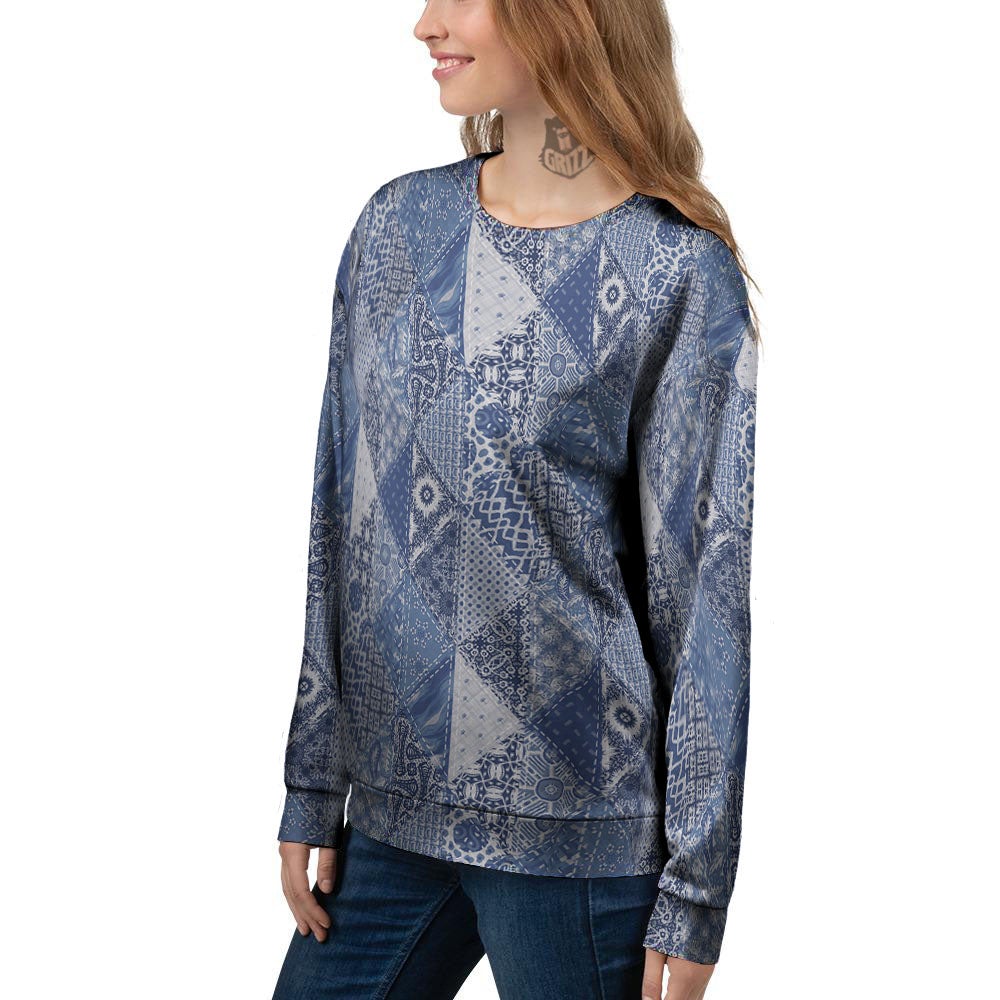 Denim Jeans Patchwork Print Pattern Women's Sweatshirt-grizzshop