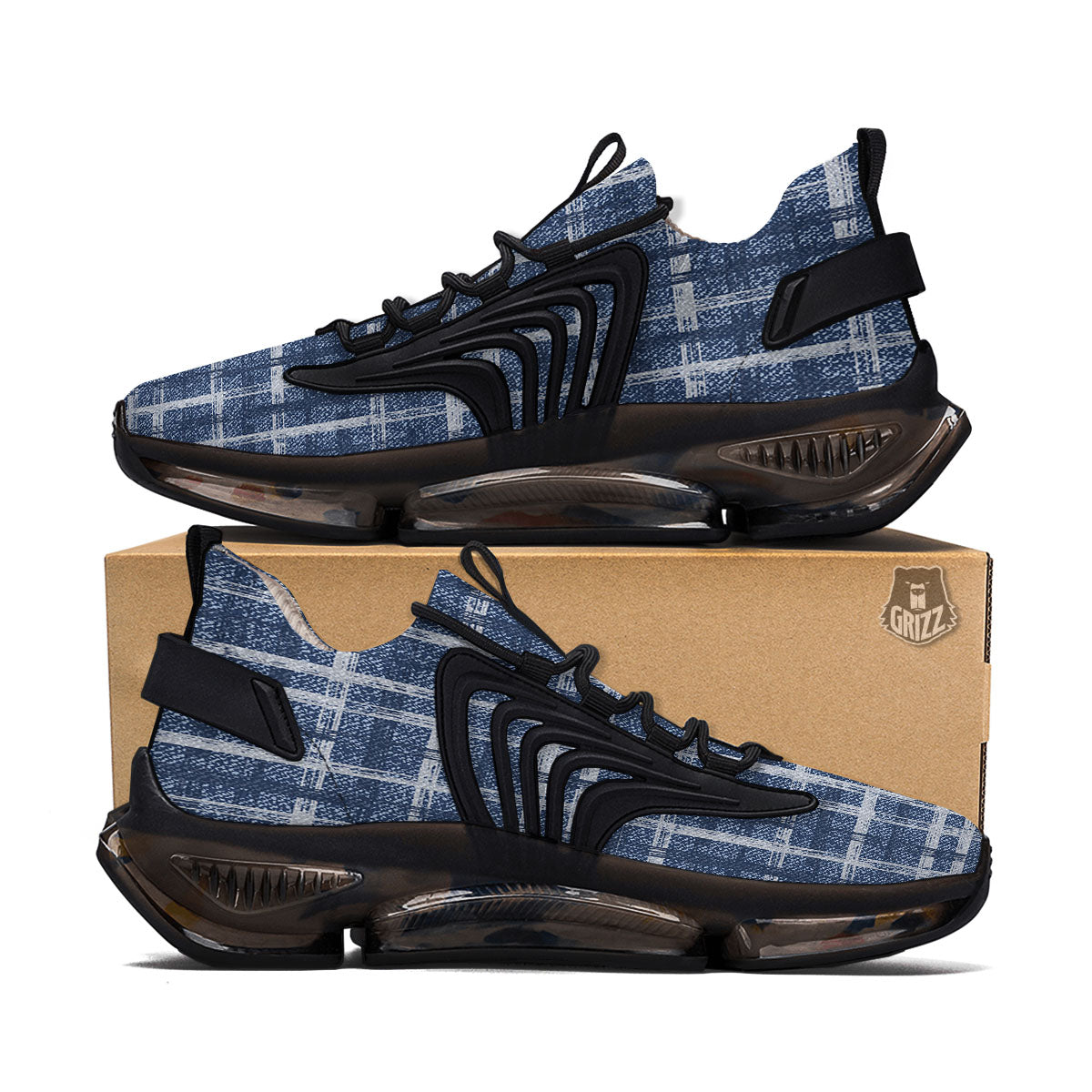Denim Jeans Plaid Print Pattern Black Gym Shoes-grizzshop