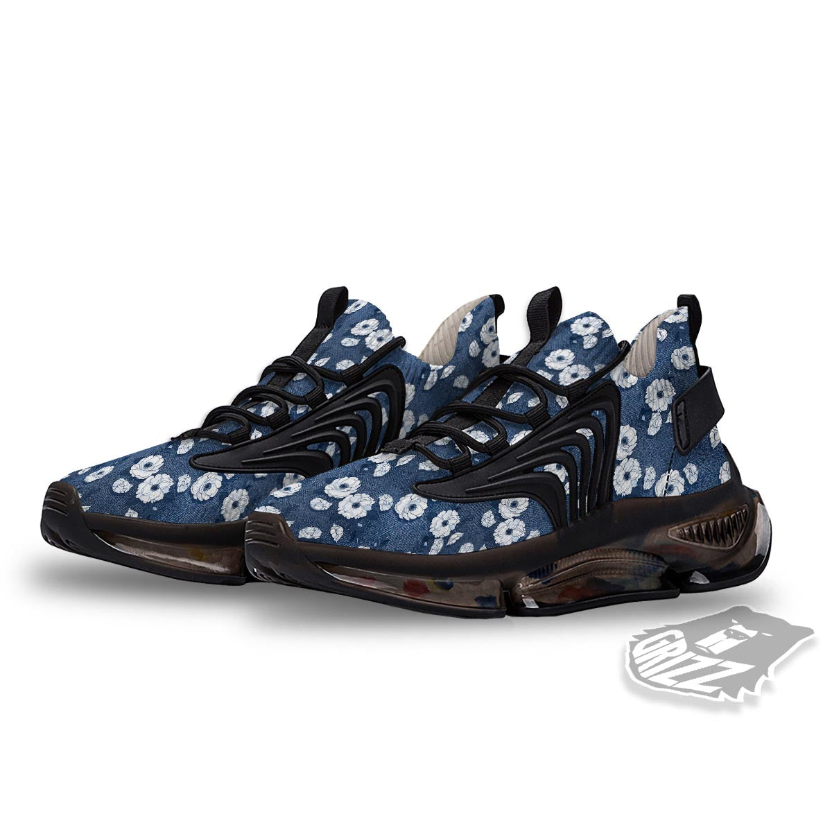 Denim Jeans Rose Print Pattern Black Gym Shoes-grizzshop