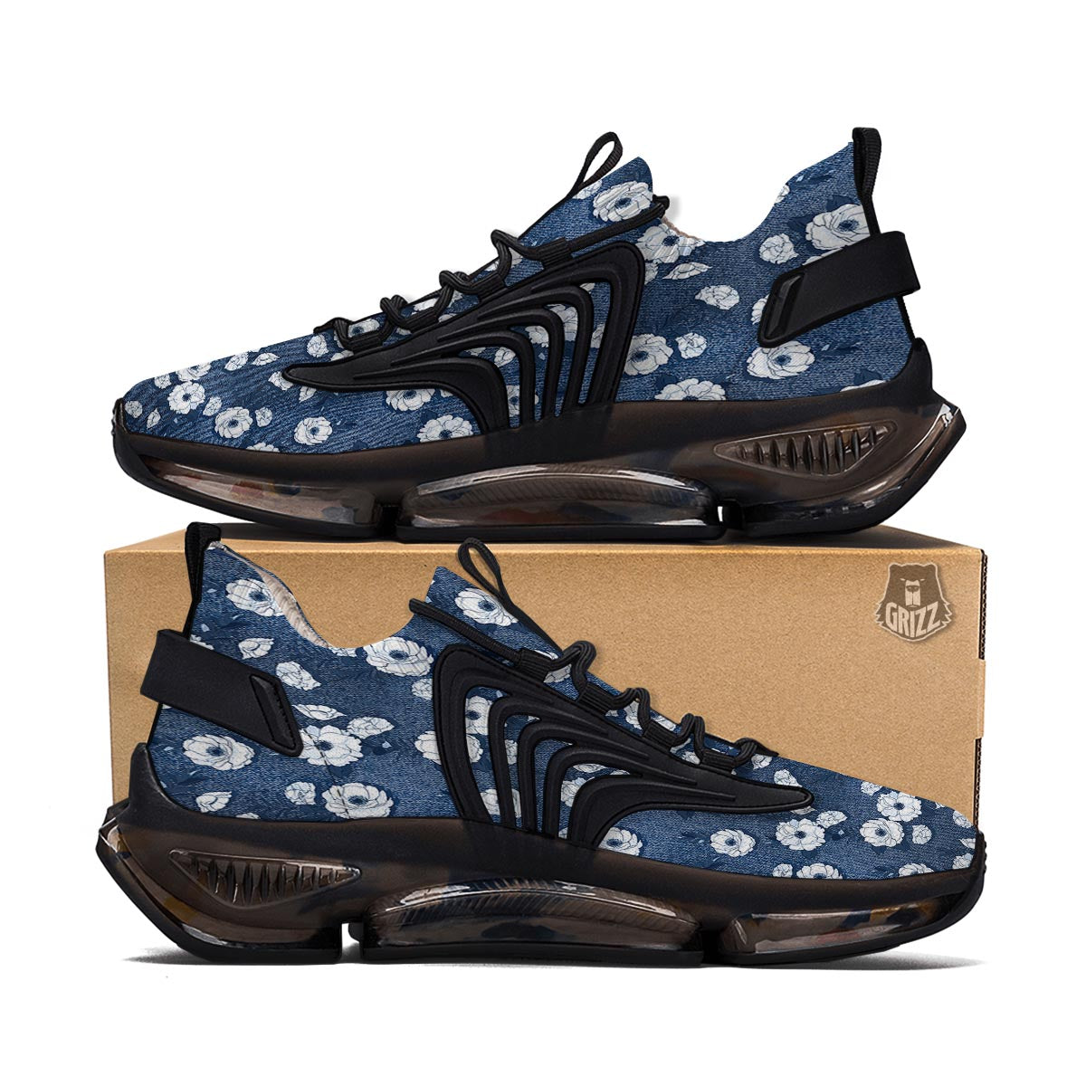 Denim Jeans Rose Print Pattern Black Gym Shoes-grizzshop