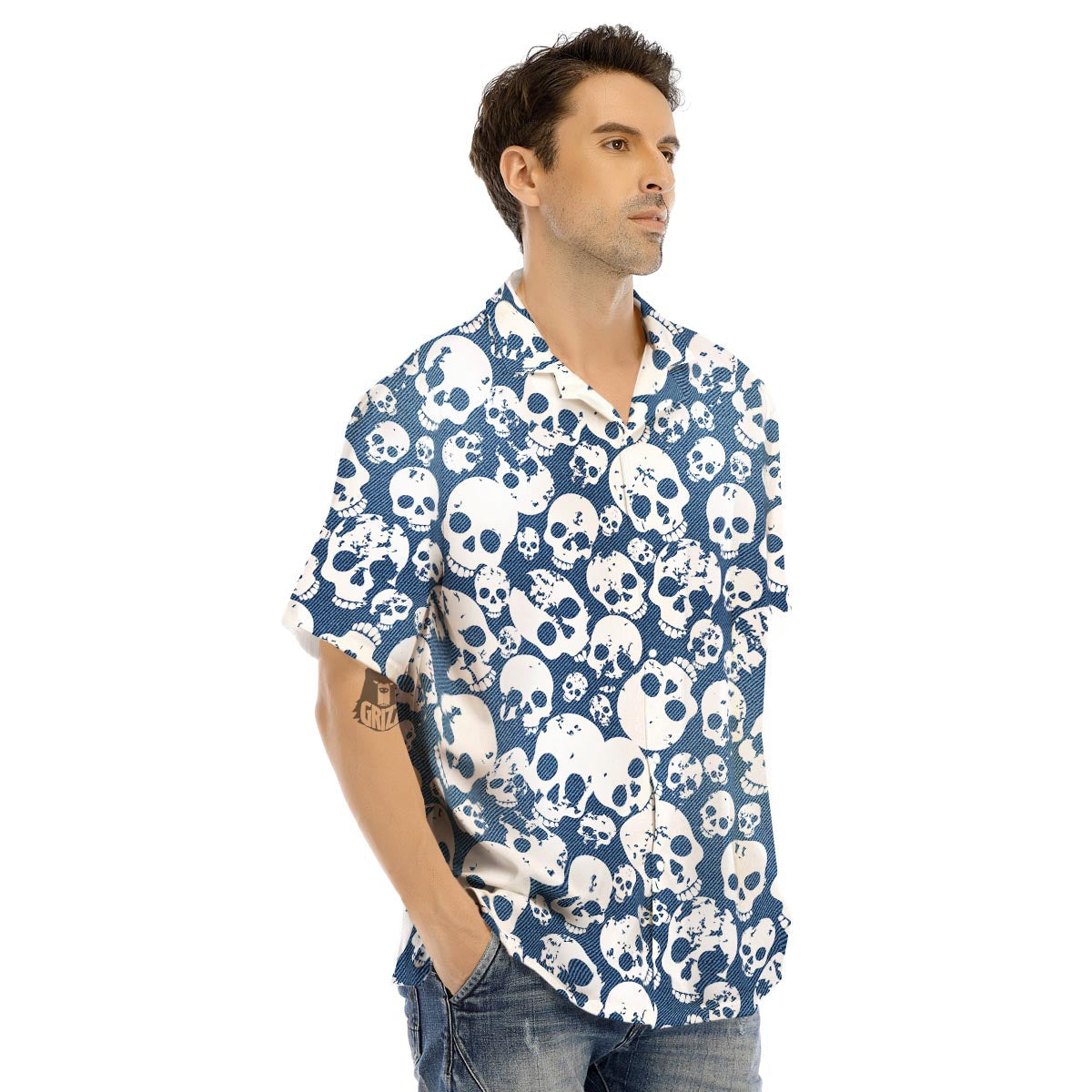Denim Jeans Skull Print Pattern Men's Hawaiian Shirt-grizzshop