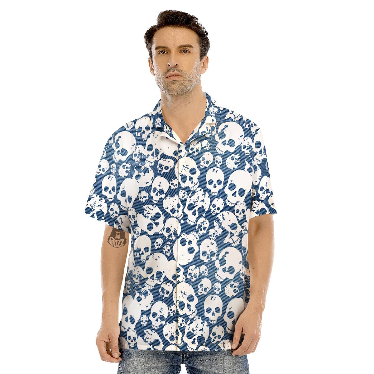 Denim Jeans Skull Print Pattern Men's Hawaiian Shirt-grizzshop