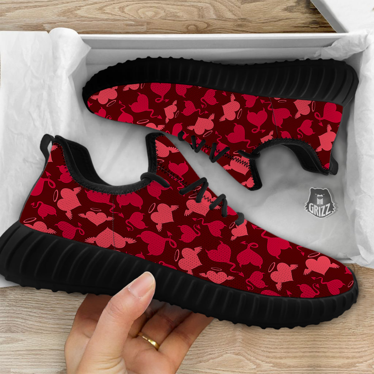 Devil And Angel Hearts Print Pattern Black Walking Shoes-grizzshop