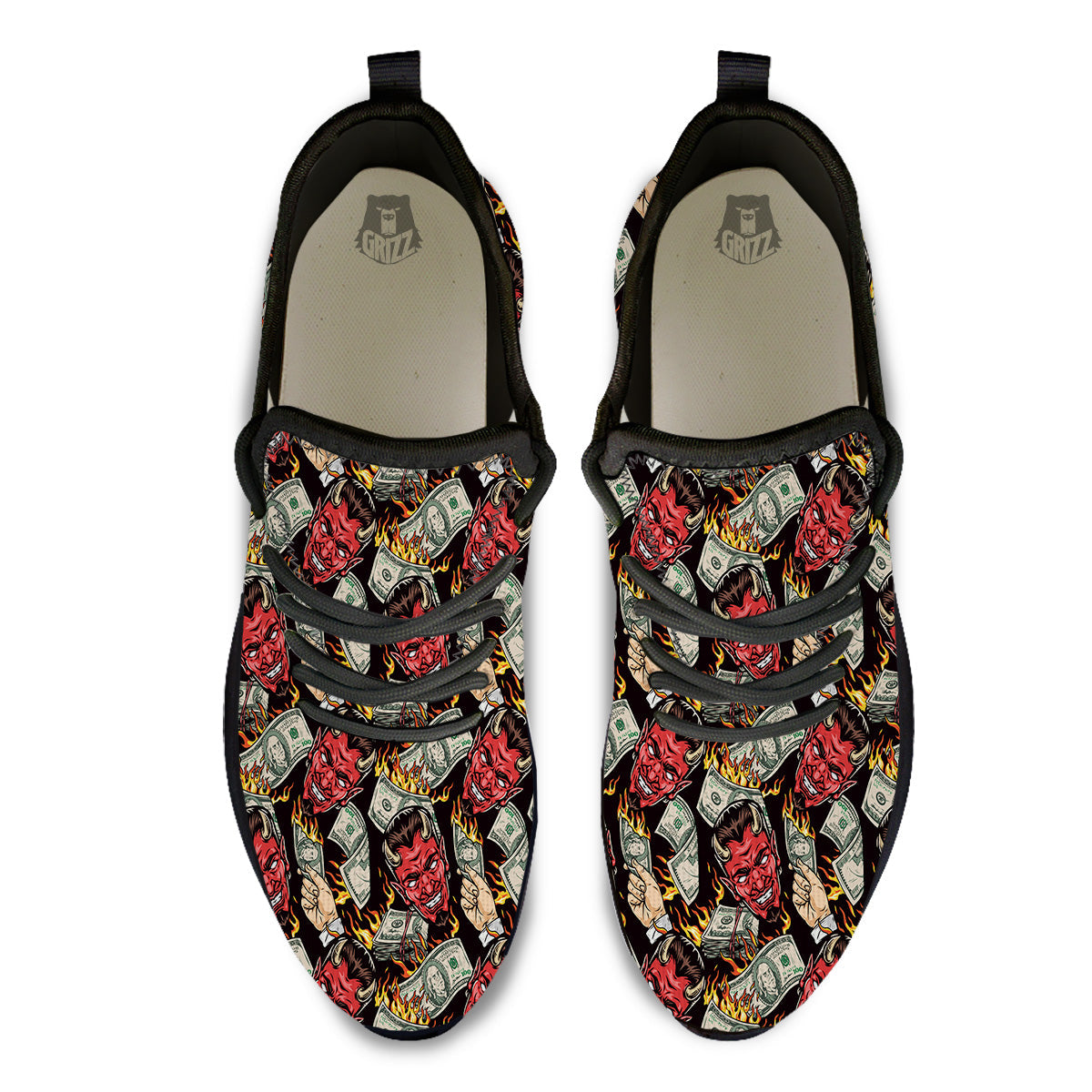 Devil And Dollar Print Pattern Black Athletic Shoes-grizzshop