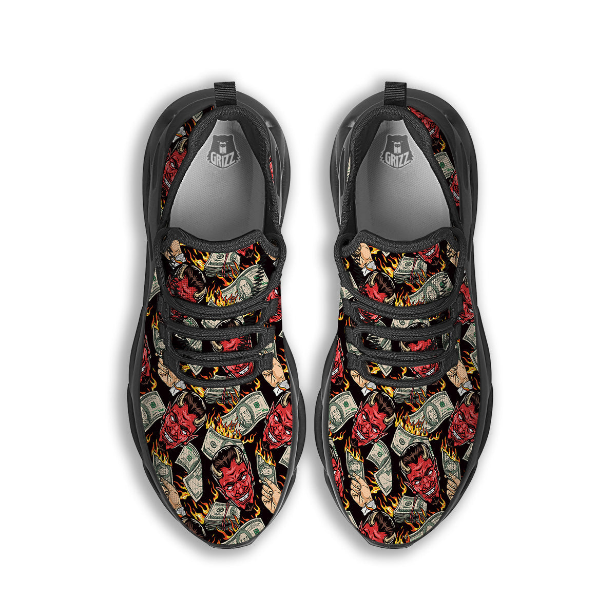 Devil And Dollar Print Pattern Black Running Shoes-grizzshop