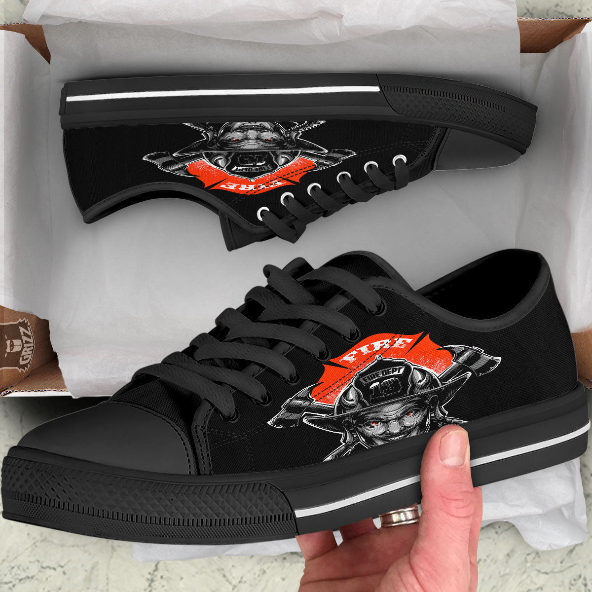 Devil Firefighter Print Black Low Top Shoes-grizzshop