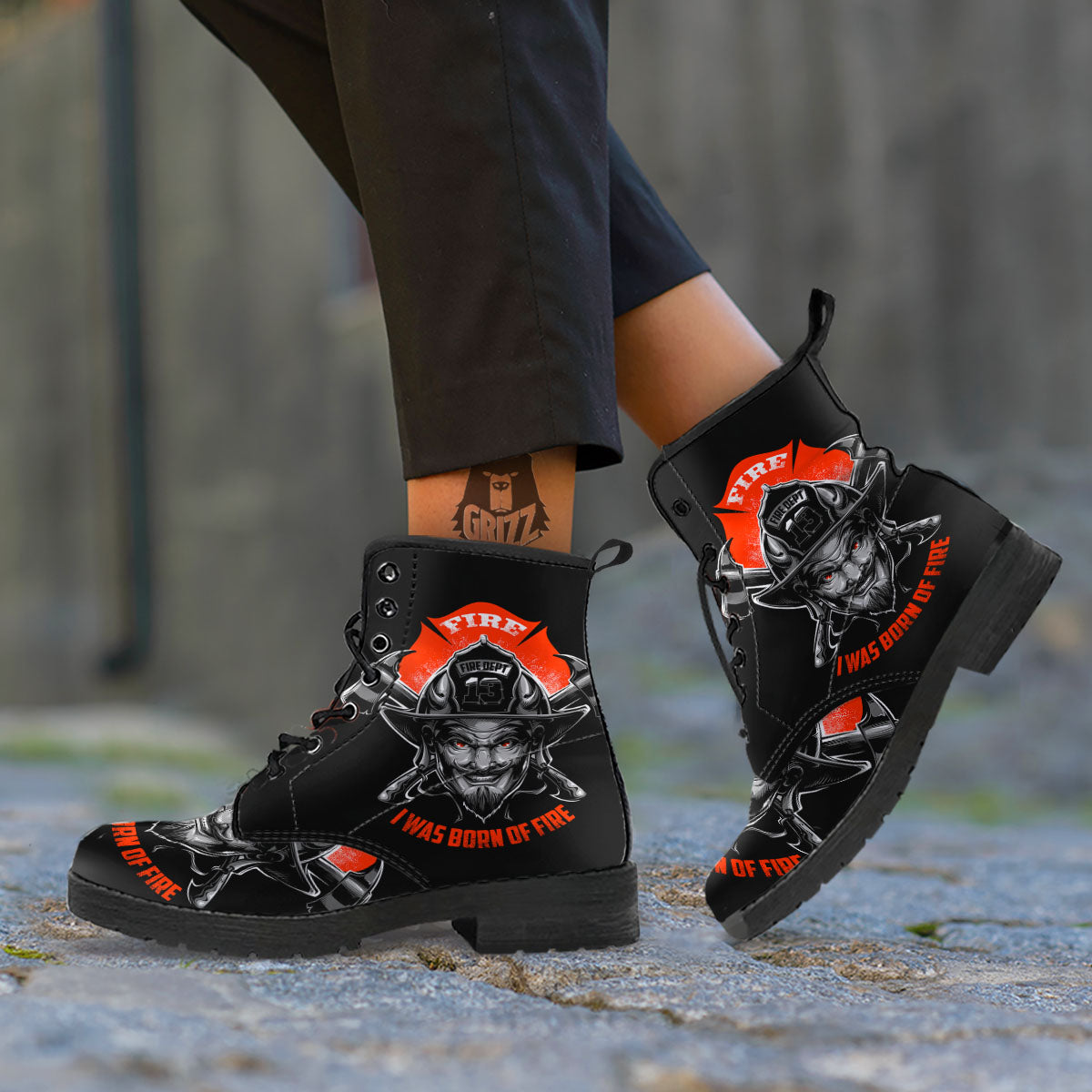 Devil Firefighter Print Leather Boots-grizzshop