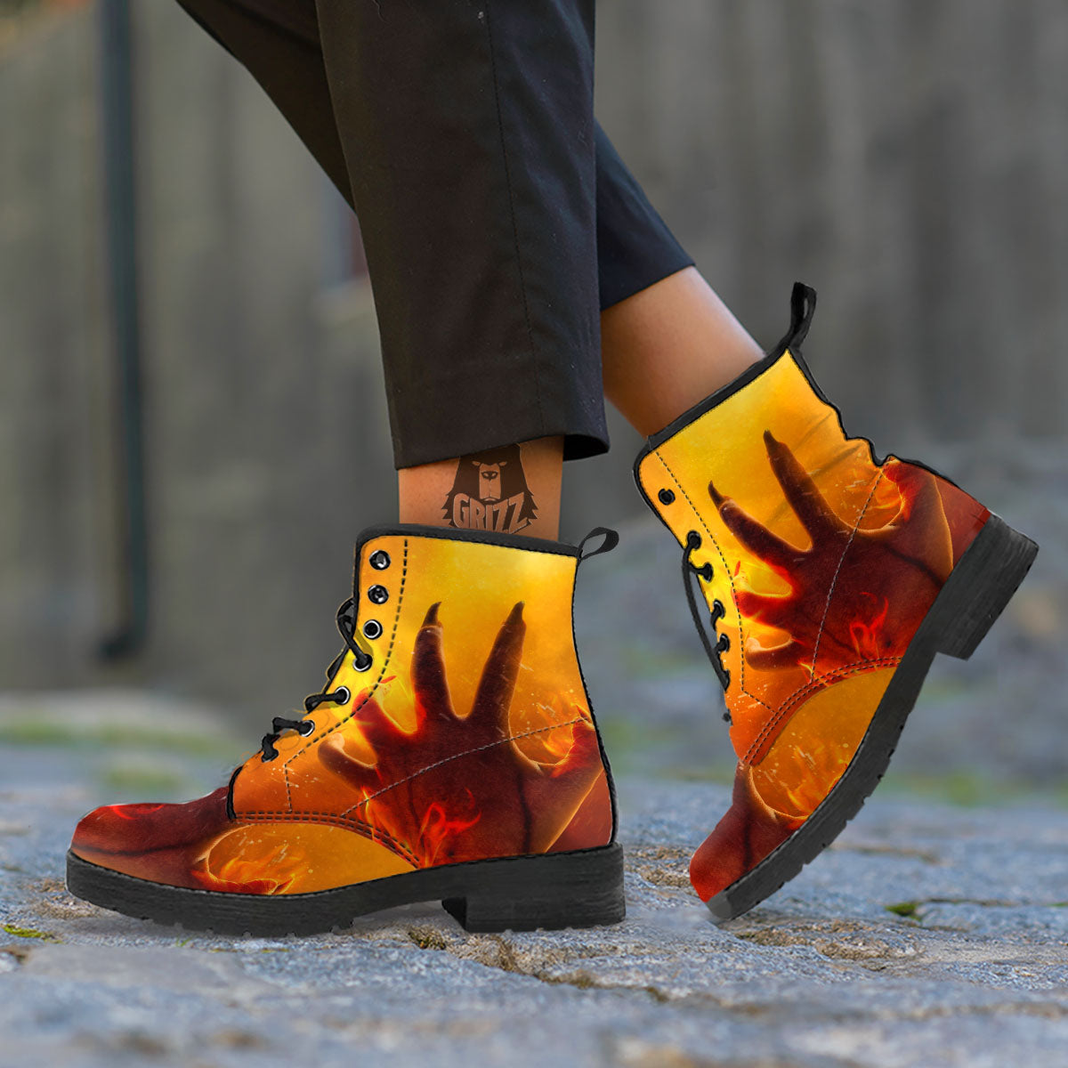 Devil Hand Print Leather Boots-grizzshop