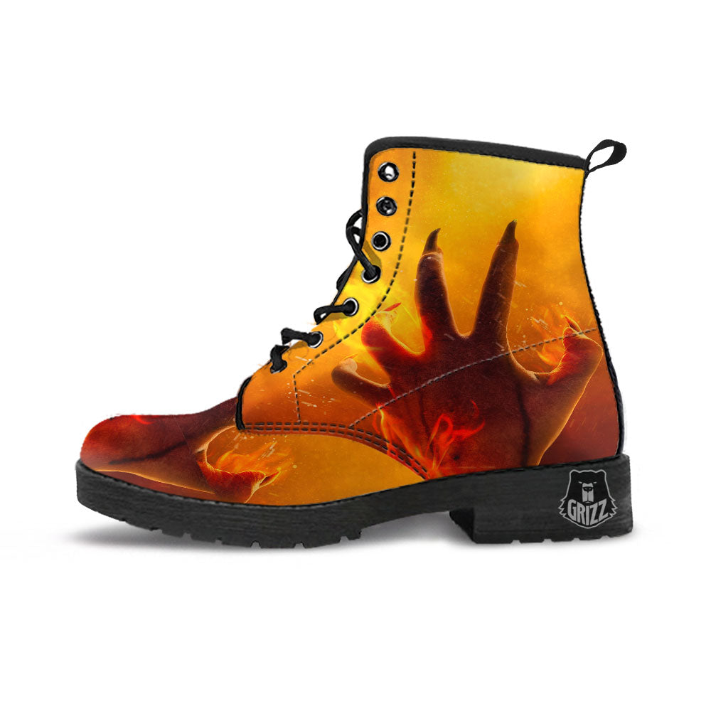 Devil Hand Print Leather Boots-grizzshop