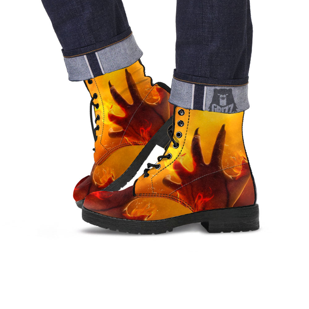 Devil Hand Print Leather Boots-grizzshop