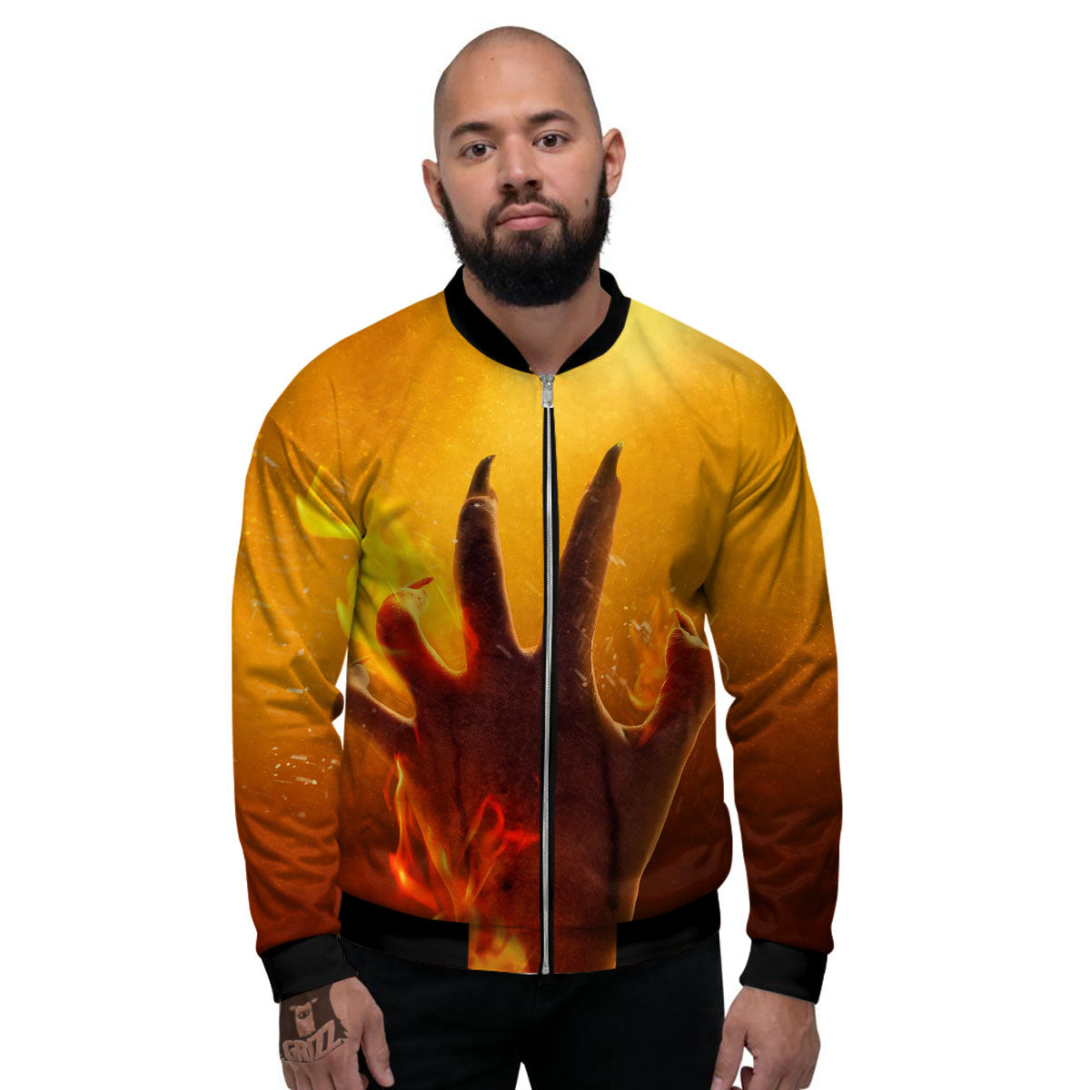 Devil Hand Print Men's Bomber Jacket-grizzshop