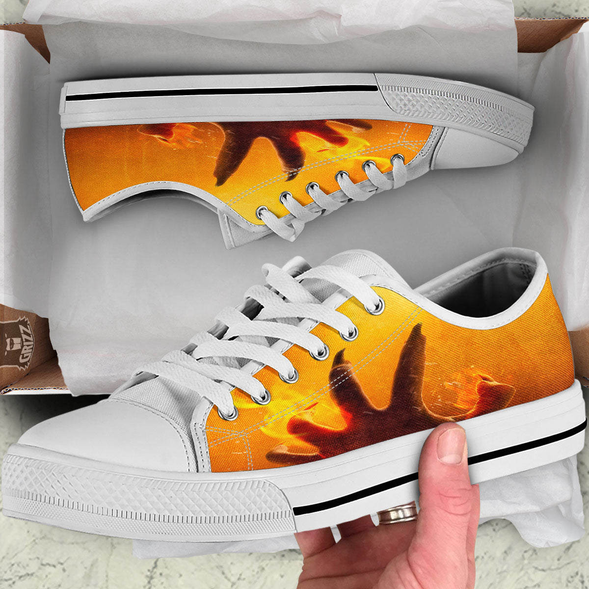 Devil Hand Print White Low Top Shoes-grizzshop