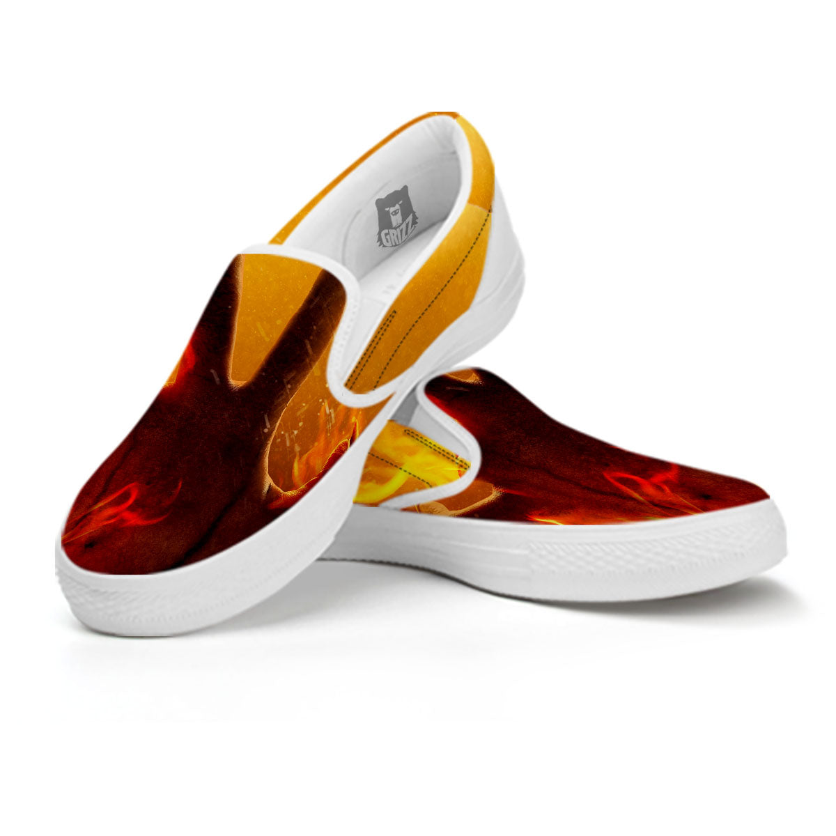 Devil Hand Print White Slip On Shoes-grizzshop