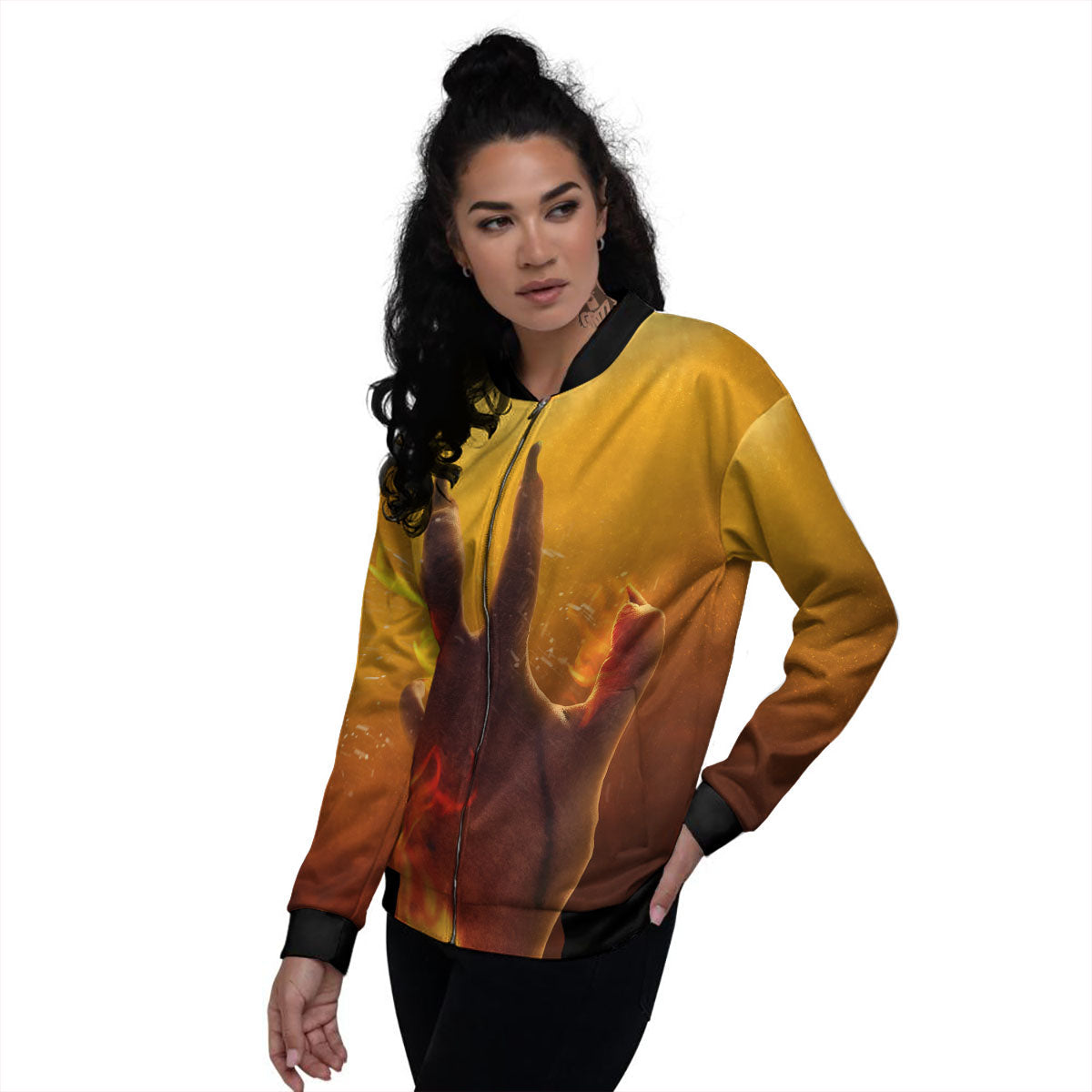 Devil Hand Print Women's Bomber Jacket-grizzshop