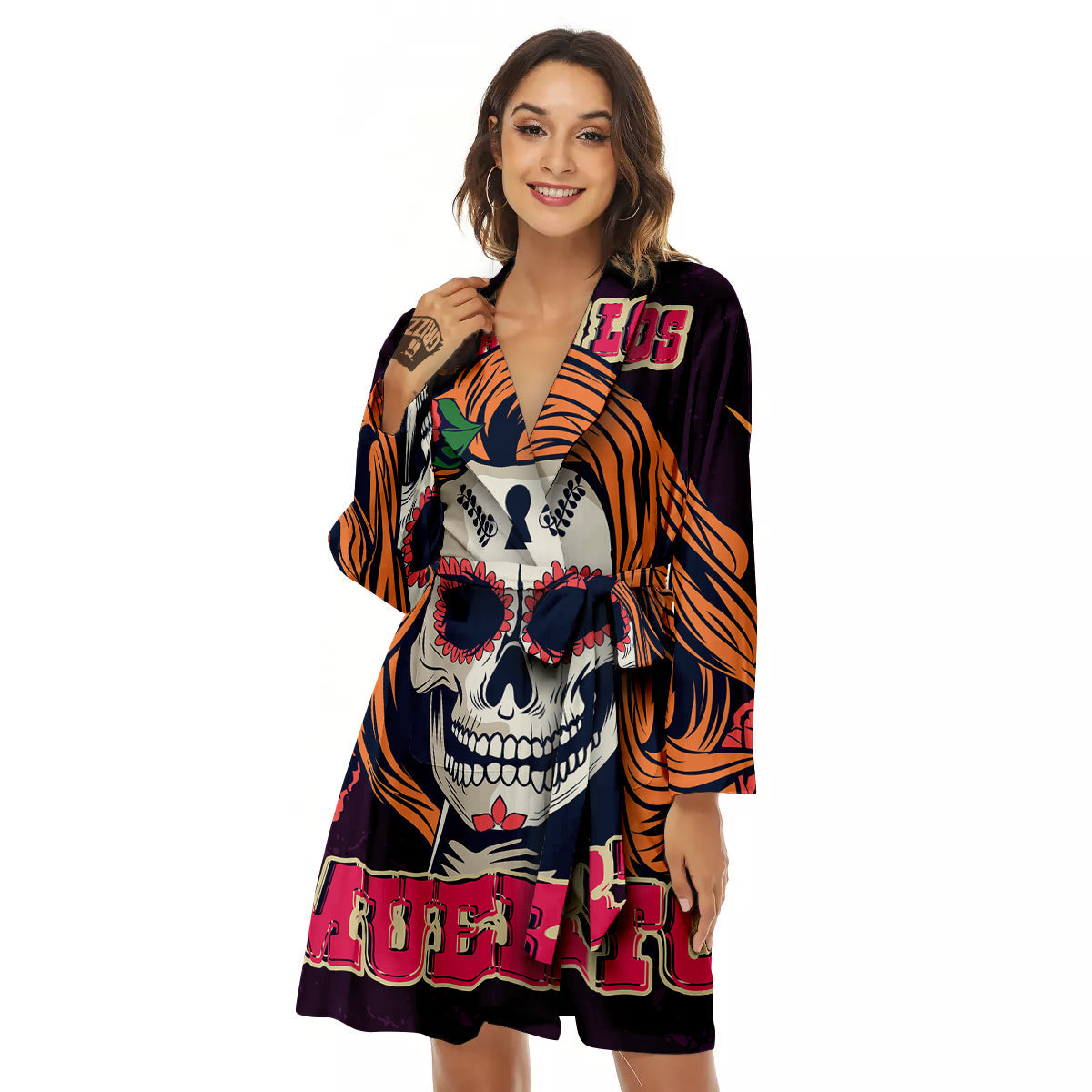 Dia De Los Muertos Calavera Girl Print Women's Robe-grizzshop