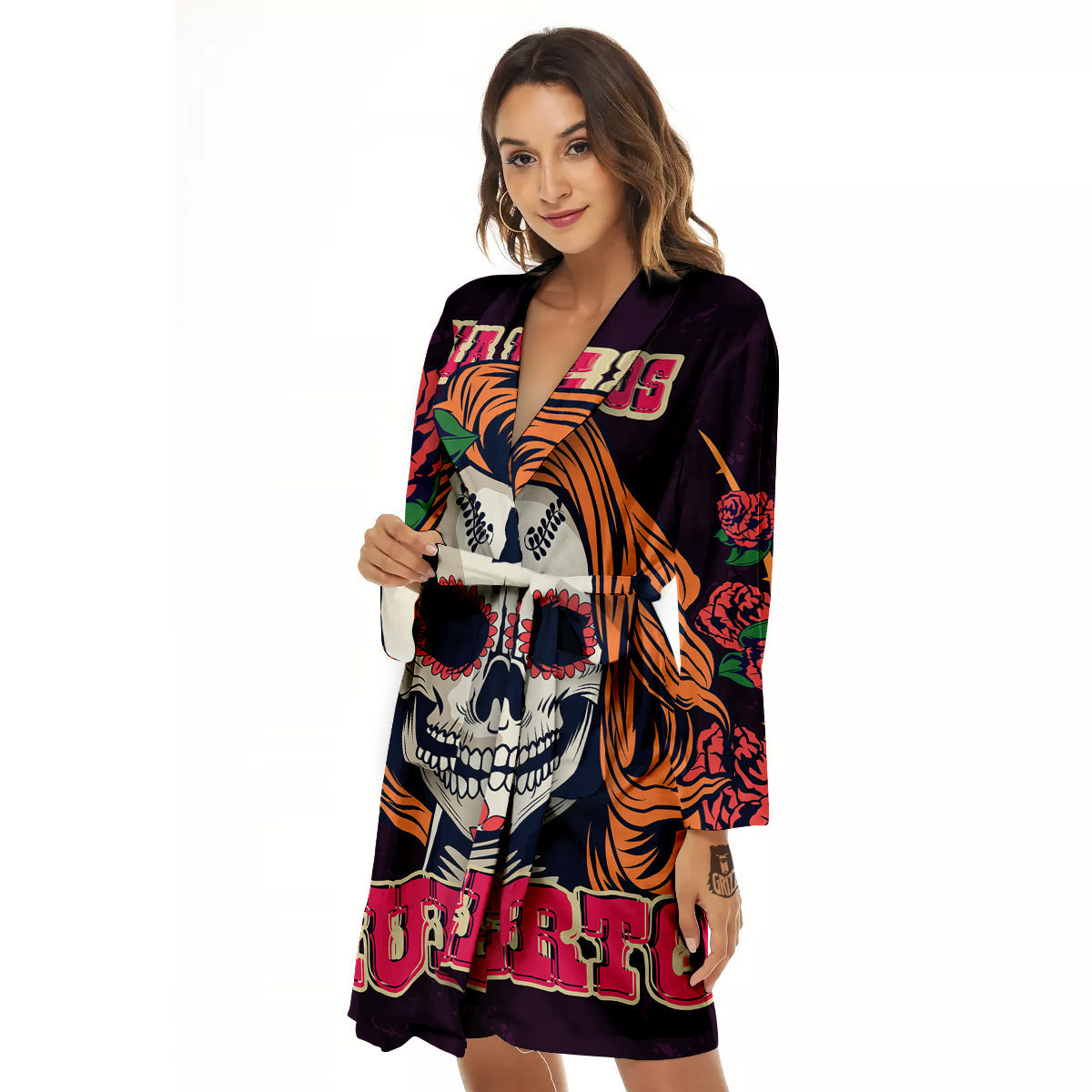 Dia De Los Muertos Calavera Girl Print Women's Robe-grizzshop