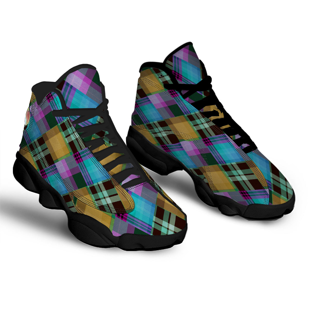 Diagonal Madras Blue Tartan Plaid Print Pattern Black Basketball Shoes-grizzshop