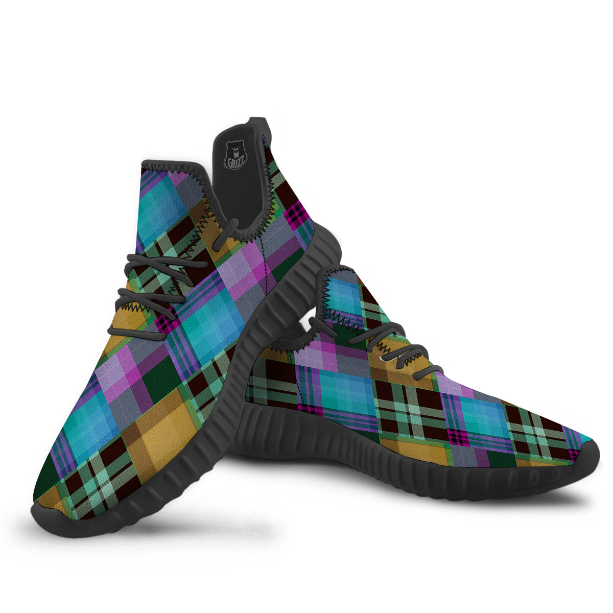 Diagonal Madras Blue Tartan Plaid Print Pattern Black Walking Shoes-grizzshop