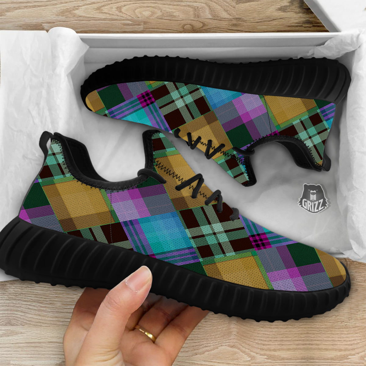 Diagonal Madras Blue Tartan Plaid Print Pattern Black Walking Shoes-grizzshop