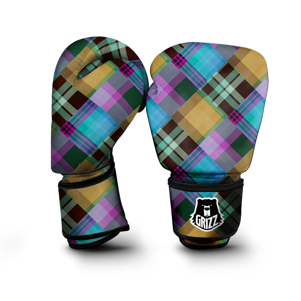 Diagonal Madras Blue Tartan Plaid Print Pattern Boxing Gloves-grizzshop