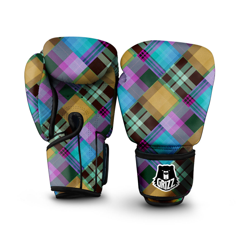 Diagonal Madras Blue Tartan Plaid Print Pattern Boxing Gloves-grizzshop