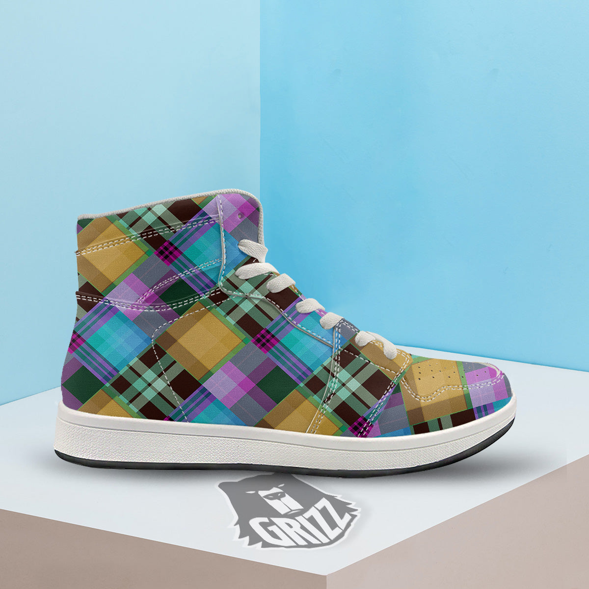 Diagonal Madras Blue Tartan Plaid Print Pattern High Top Sneakers-grizzshop