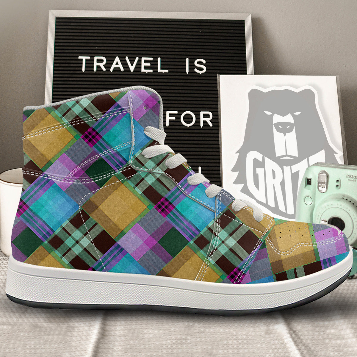 Diagonal Madras Blue Tartan Plaid Print Pattern High Top Sneakers-grizzshop