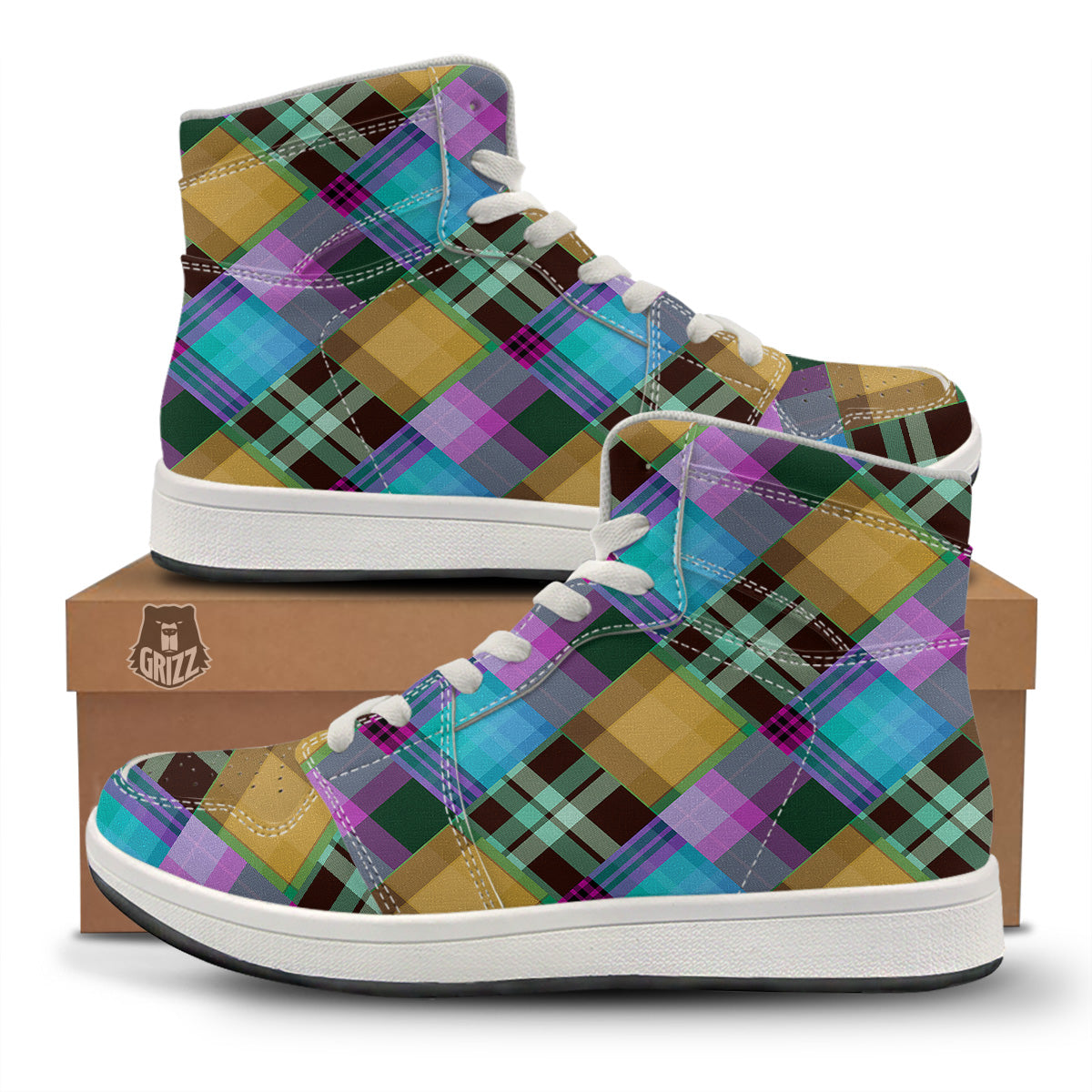 Diagonal Madras Blue Tartan Plaid Print Pattern High Top Sneakers-grizzshop