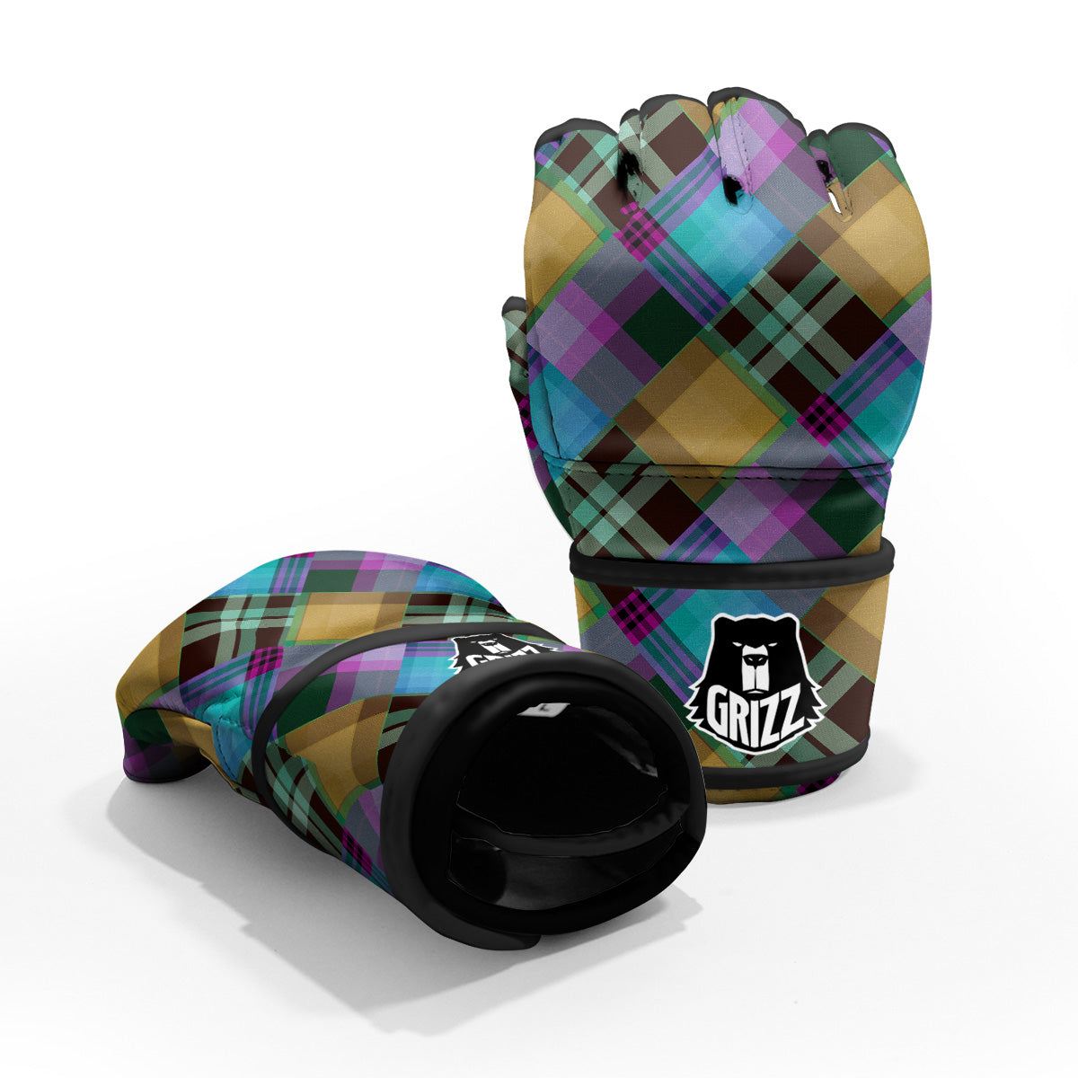 Diagonal Madras Blue Tartan Plaid Print Pattern MMA Gloves-grizzshop