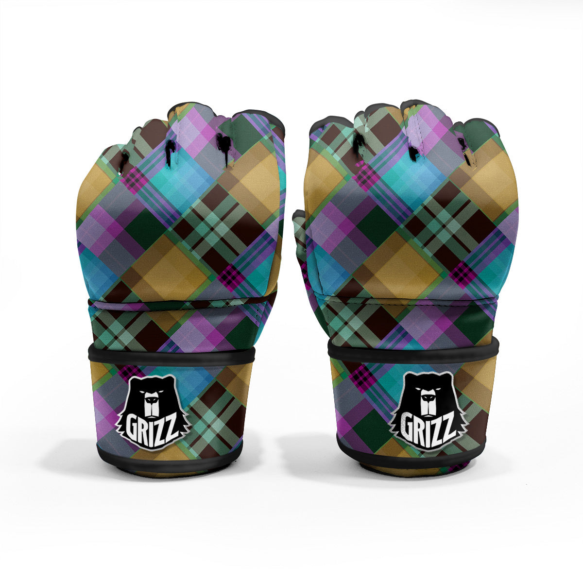 Diagonal Madras Blue Tartan Plaid Print Pattern MMA Gloves-grizzshop