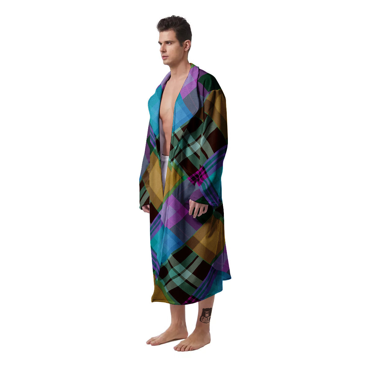 Diagonal Madras Blue Tartan Plaid Print Pattern Men's Robe-grizzshop