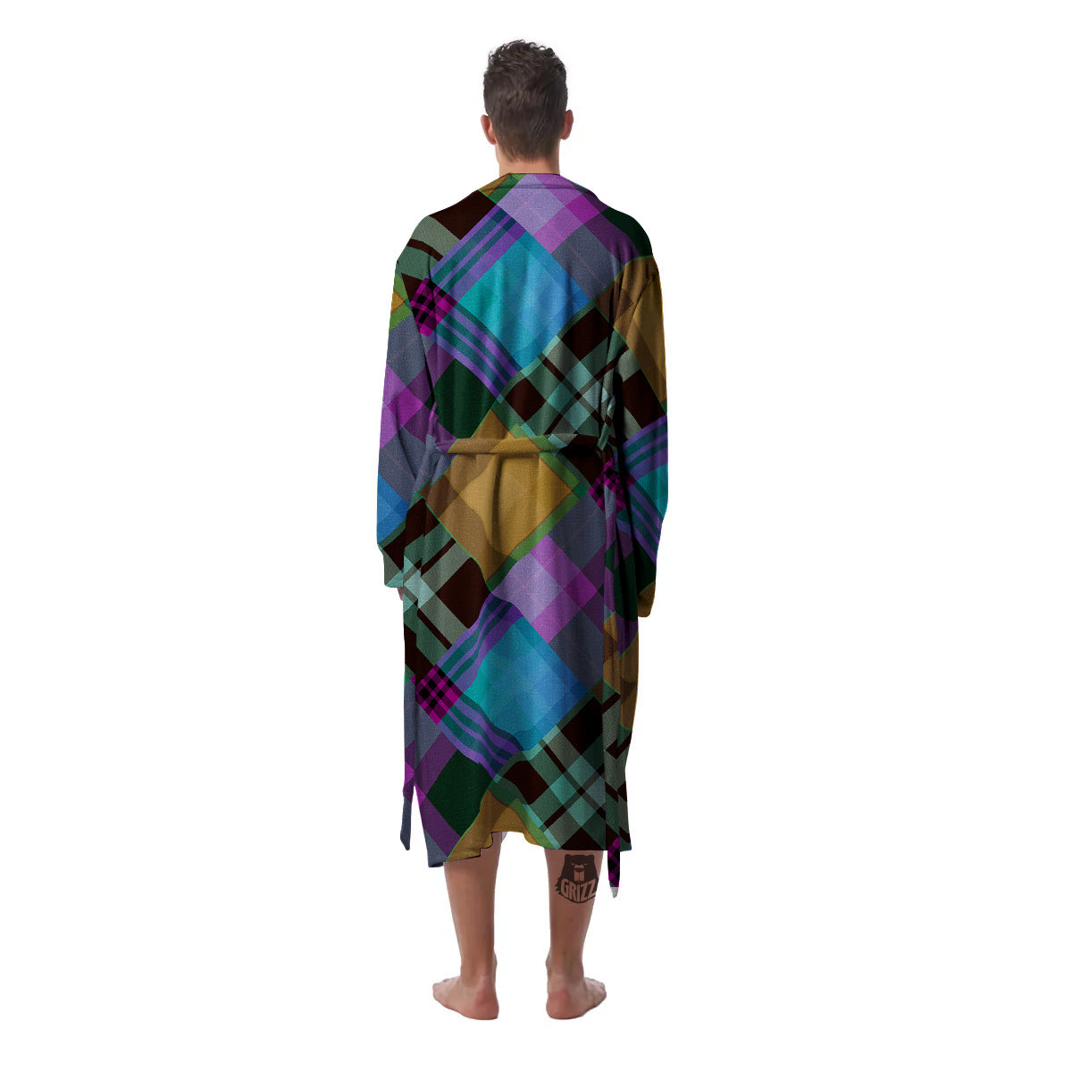 Diagonal Madras Blue Tartan Plaid Print Pattern Men's Robe-grizzshop