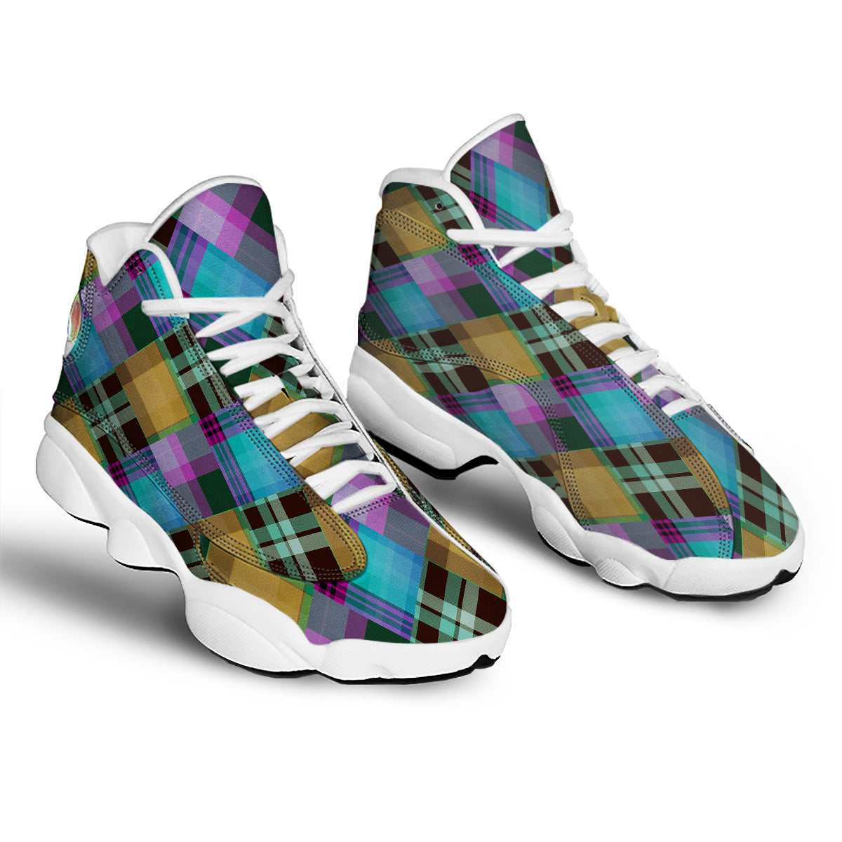 Diagonal Madras Blue Tartan Plaid Print Pattern White Basketball Shoes-grizzshop