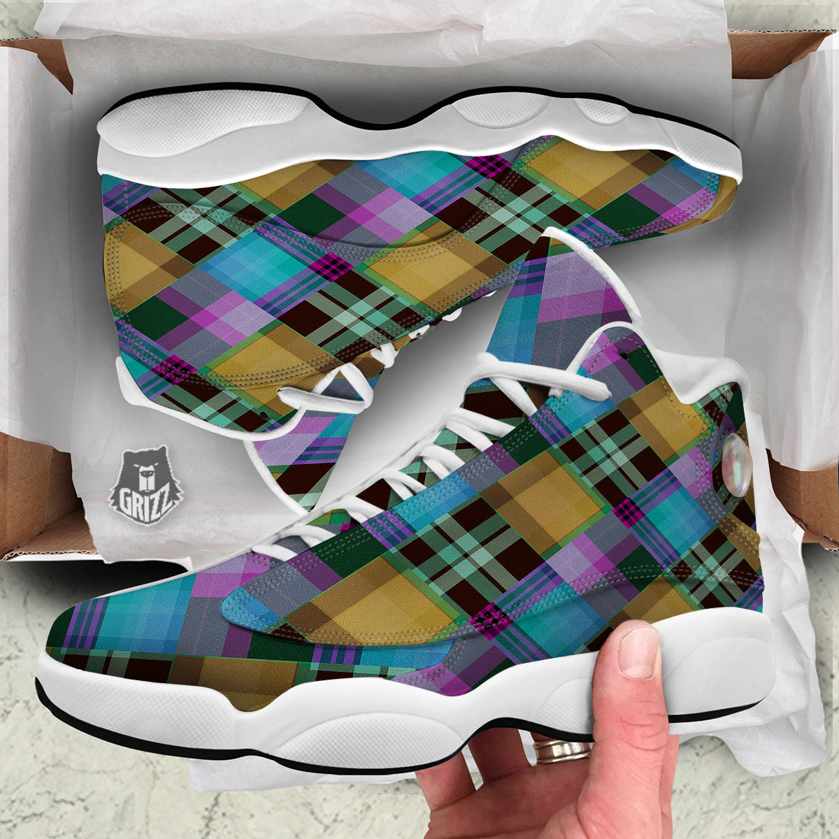Diagonal Madras Blue Tartan Plaid Print Pattern White Basketball Shoes-grizzshop