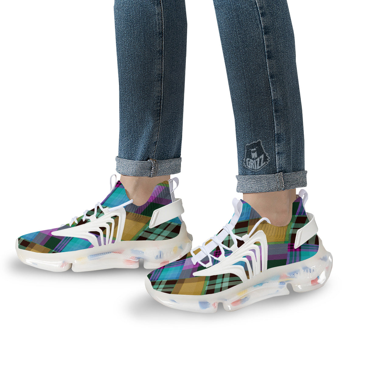 Diagonal Madras Blue Tartan Plaid Print Pattern White Gym Shoes-grizzshop