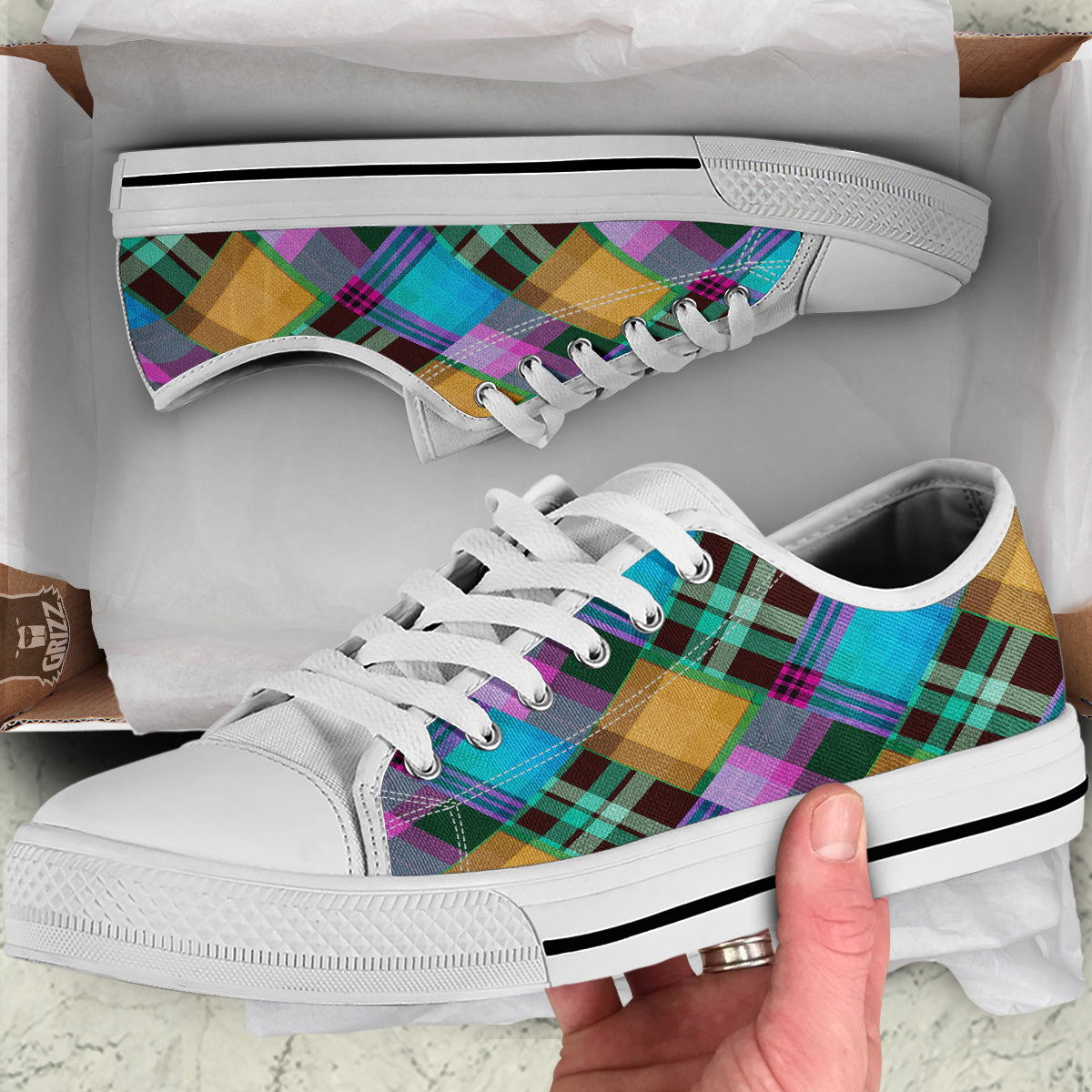 Diagonal Madras Blue Tartan Plaid Print Pattern White Low Top Shoes-grizzshop
