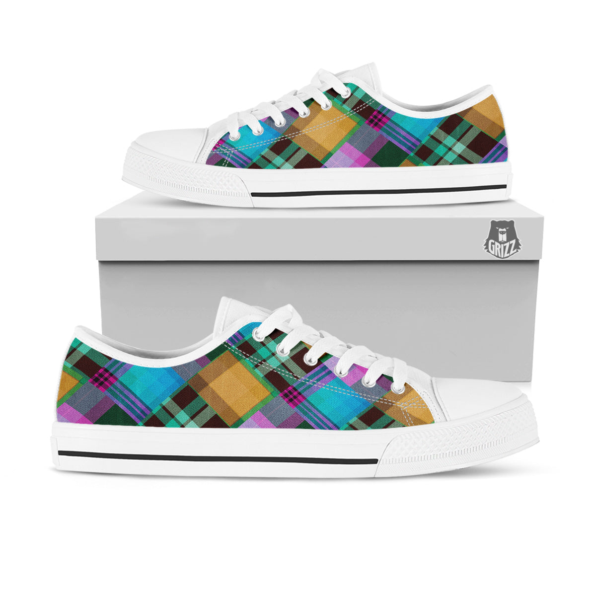 Diagonal Madras Blue Tartan Plaid Print Pattern White Low Top Shoes-grizzshop