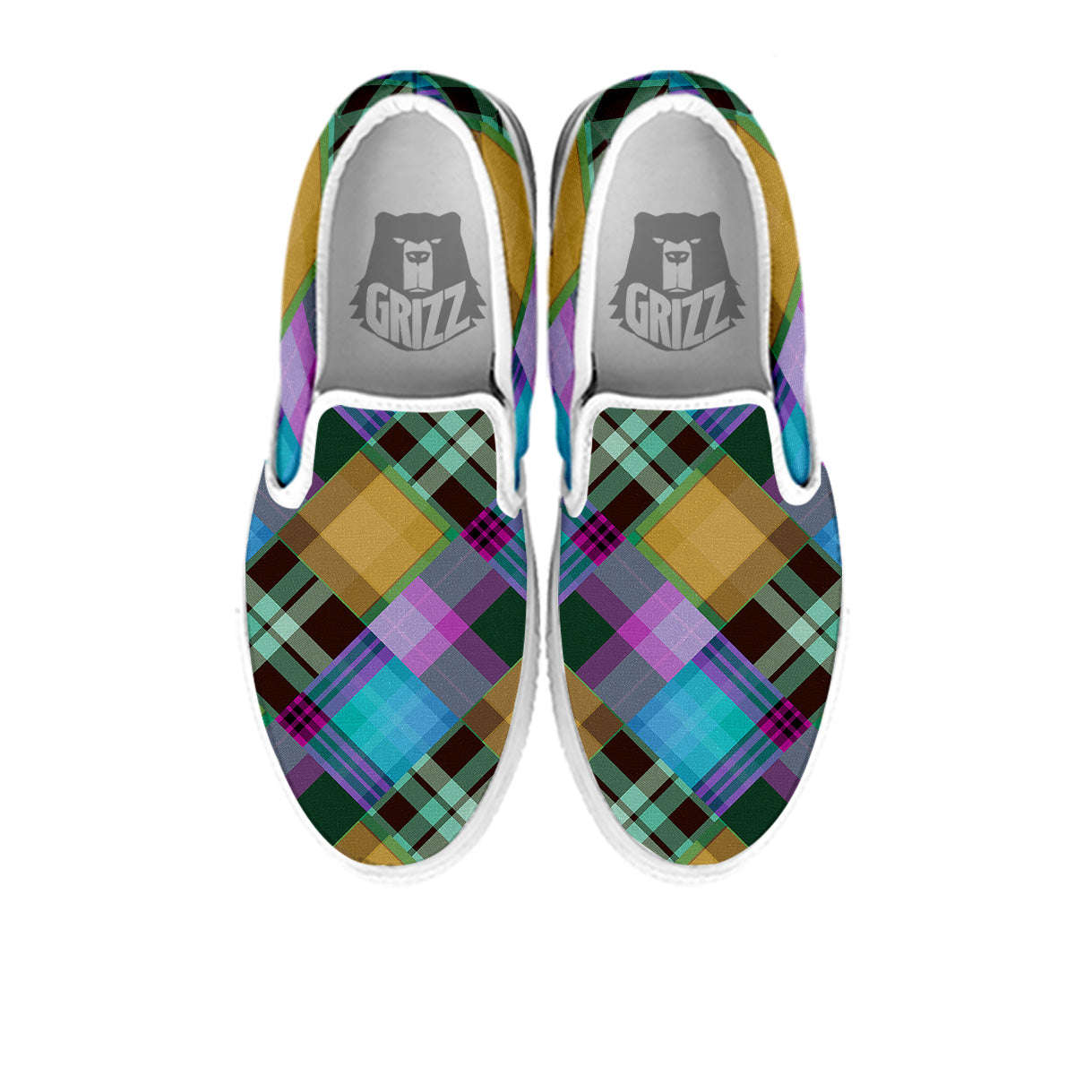Diagonal Madras Blue Tartan Plaid Print Pattern White Slip On Shoes-grizzshop