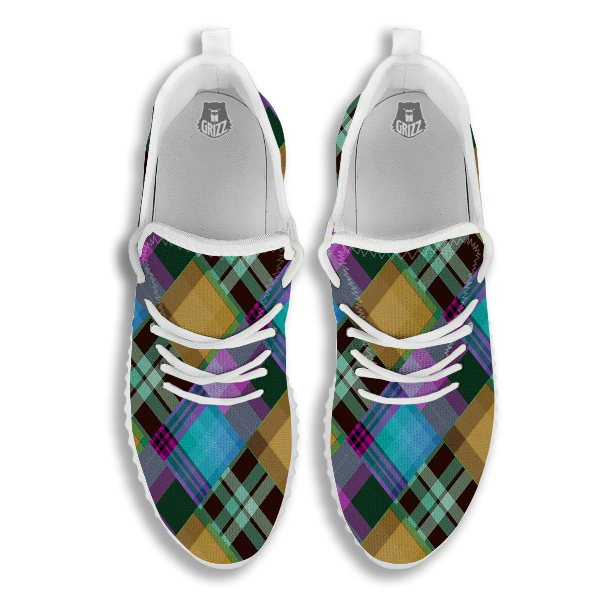 Diagonal Madras Blue Tartan Plaid Print Pattern White Walking Shoes-grizzshop
